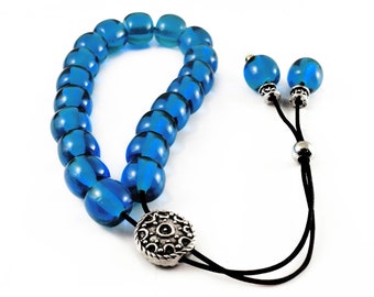 Komboloi, Worry Beads with  Blue Drum Beads and  Metal Master Bead