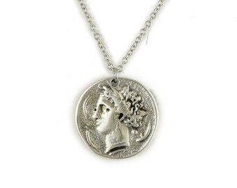 Greek Coin Necklace, Head of Arethousa and chariot with horses medallion on stainless steel chain, Unisex