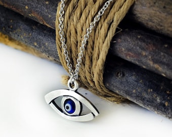 Evil Eye Necklace Blue Greek Mati Hamsa Silver Tone Pendant Charm Chain Necklace