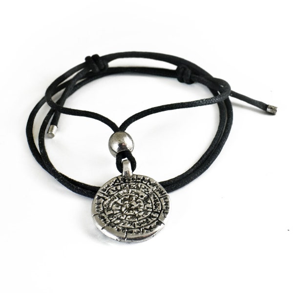 Phaistos Disc Necklace, Minoan Cretan Disc Waxed Cord Greek Jewelry, Unisex