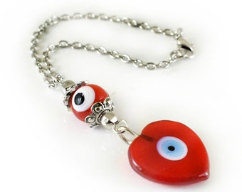 Car Mirror Hanger, Decoration, Ornament, Dangler, Red Evil Eye Heart, Unisex Gift