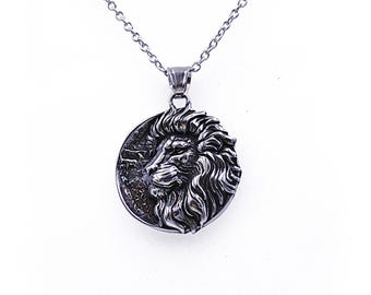 Oxidized Lion Pendant Necklace, Stainless Steel Jewelry