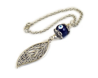 Car mirror charm, rear view mirror accessories, silver leaf and evil eye ceramic bead, unisex gift