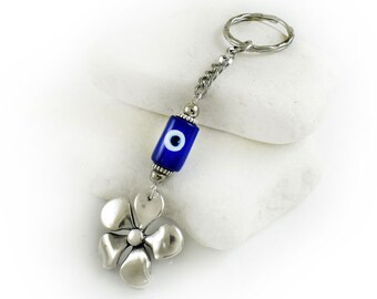 Evil eye keychain Keyring with Blue Glass Eye Bead, Daisy Flower Keychain, Greek Mati