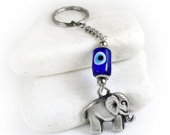 Evil eye keychain Keyring with Blue Glass Bead and Elephant pendant, Greek Mati