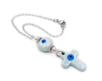 Light blue cross car mirror hanging accessories, Evil eye rear view charm, Ornament, Ceramic