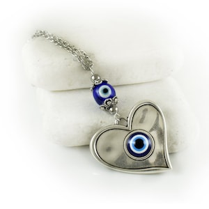 Evil Eye Heart Car Mirror Charm: Silver Tone Amulet