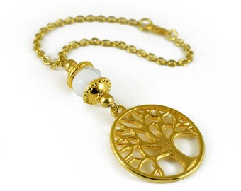 Golden Car rear view mirror charm hanging, Car auto hanger Ornament Dangler, Metal tree of life, Choose stone and length