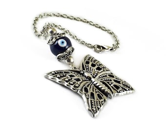 Evil Eye Car Mirror charm, car rear view mirror accessories ornament, silver butterfly and handmade blue eye ceramic bead, car gifts
