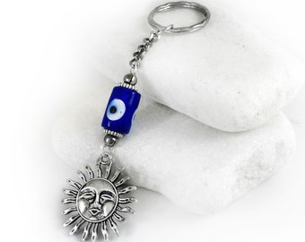 Sun keychain Keyring with Blue Glass Evil Eye Bead, Greek Mati