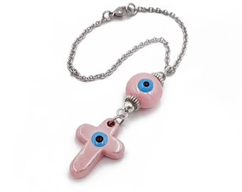Cross car mirror hanging accessories, Evil eye rear view charm, Hanger, Ornament, Pink Enamel Ceramic Charm and Bead