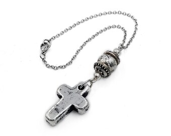 Silver Cross Car Mirror Charm with Patina, Hanger, Accessories, Gift, Ceramic