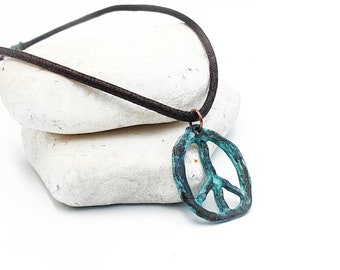 Aged Copper tone Patinated Peace Pendant Necklace Jewelry Gift