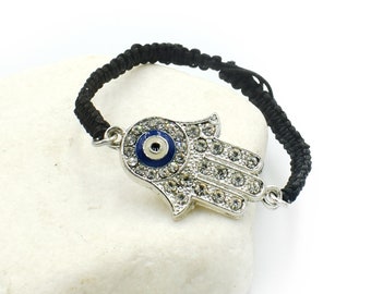 Mens Macrame Bracelet, Hamsa Hand, Greek Mati, Nazar, Adjustable, Evil Eye Jewelry Gift