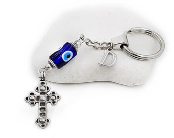 Personalized Evil eye keychain Keyring with Blue Glass Eye Bead and Metal Cross Charm, Greek Mati