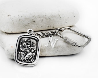 Saint Christopher Keychain Keyring with Intitial charm, St. Christopher medal, New car gift, Drive safe, travelers gift, Personalised