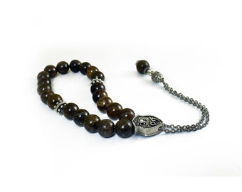 Komboloi, Worry Beads with Brown Jasper Beads and Metal Shield Bead on Silver tone Metal Chain