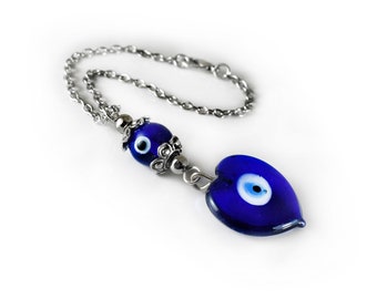 Car Mirror Charm Hanging, Ornament, Dangler, Gift, Decoration with Blue Glass Heart Eye Bead