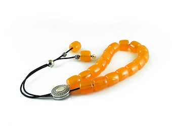 Komboloi, Worry Beads with Orange Acrylic Barrel Beads and Silver Tone Metal Master Bead, Christmas Gifts