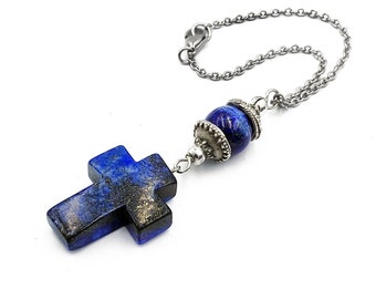 Lapis Lazuli Cross Car Rearview Mirror Charm Accessory, Ornament, Hanger, Travellers Drivers Gift