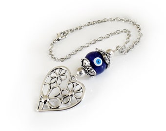 Evil Eye Car Mirror charm, car rear view mirror accessories, silver heart with flowers and handmade blue eye ceramic bead, car ornament Gift