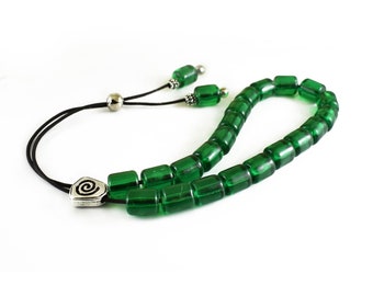Komboloi, Greek Worry Beads with transparent green acrylic barrel beads and silver tone metal Master Bead