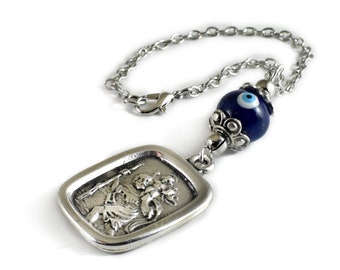 Saint Christopher Car Mirror Charm Hanging, Blue Eye Charm, Evil Eye Hanging, Blue Ceramic Eye Charm
