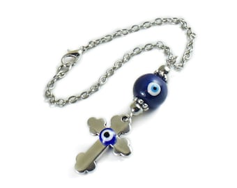 Rearview Car Mirror Charm, Evil Eye Cross Dangler Ornament Hanging Gift