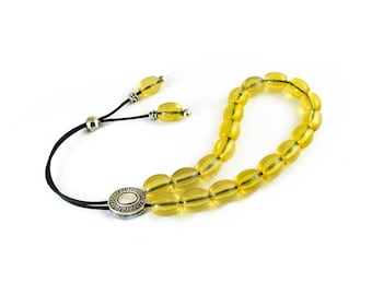 Komboloi, Worry Beads with yellow transparent acrylic beads and silver tone metal Master Bead