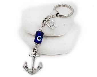 Evil eye monogram initial keychain Keyring with anchor, Greek mati accessories, Cristmas gift