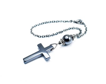 Rearview Mirror Charm, Hematite Christian Cross Car Dangler Ornament, Accessories, Gift