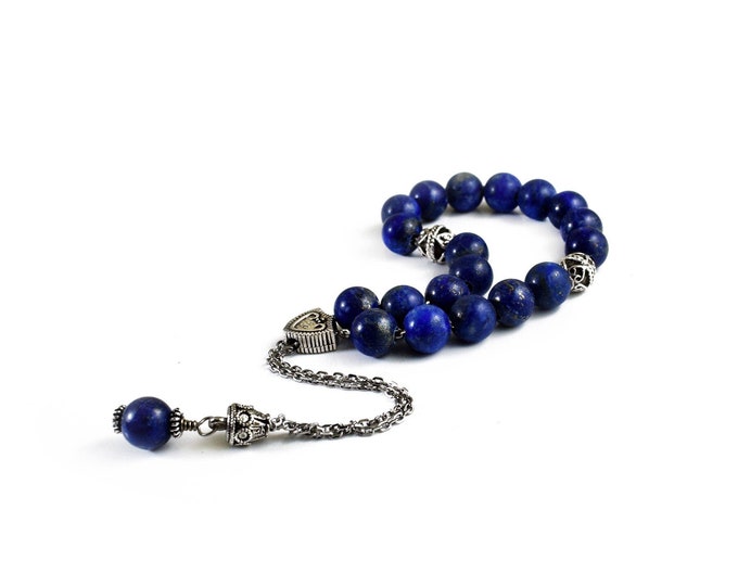 Featured listing image: Komboloi, Worry Beads, Lapis Lazuli Beads, Metal Shield Bead on Silver tone Metal Chain
