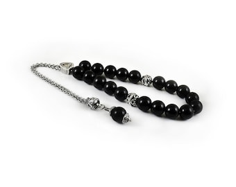 Komboloi, Worry Beads, Black Onyx Beads on Silver Tone Metal Chain, Greek Worry Beads, Chistmas Gifts for Him Her