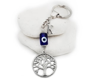 Personalized Tree of life evil eye keychain Keyring with Blue Glass Eye Bead, Greek Mati Gifts