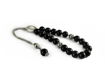 Komboloi, Worry Beads with Black Onyx Beads on Silver Tone Metal Chain, Chistmas Gifts for Him Her