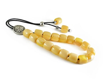 Komboloi, Greek Worry Beads, Yellow Acrylic Drum Beads, Silver Tone Metal Shield Bead & Metal Beads