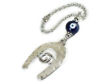 Car Rearview Mirror Ornament, Evil Eye Car Mirror Hanging, Metal Horseshoe Charm, Blue Ceramic Eye Bead, Car Decoration