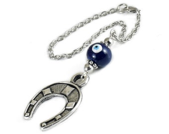 Evil Eye Car Rearview Mirror Charm Ornament, Horseshoe Decoration, Greek Mati