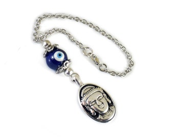 Buddha Car Rearview Mirror Charm Dangler with blue evil eye ceramic bead