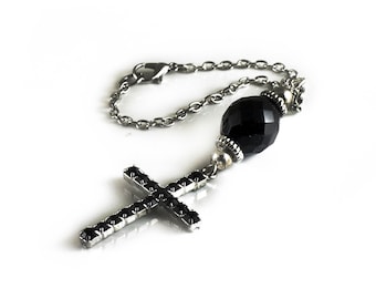 Cross Car rearview mirror charm, Black Rhinestone crystal Hanger, Dangler, Ornament, Gift for Her and Him