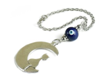 Rearview Car Mirror Charm, Evil Eye Car Mirror Ornament, Blue Ceramic Eye Bead, Half Moon Charm, Car Decoration, New Car Gift