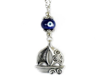 Rearview Car Mirror Charm Decor Dangler, Evil Eye Charm, Metal Ship Charm, Blue Eye Ceramic Bead, Circle of Life Charm