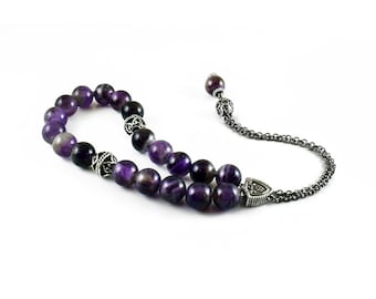 Komboloi, Worry Beads with Purple Amethyst Beads on Silver tone metal chain