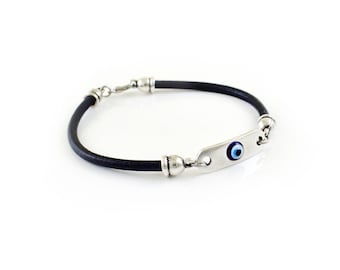 Mens Leather Bracelet, Greek Mati, Nazar, Evil Eye Jewelry Gift