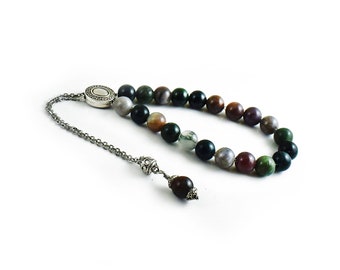 Worry Beads, Greek Komboloi, Indian agate and silver tone metal beads, Chain Komboloi