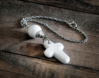 White Ceramic Cross Car Mirror Charm Hanging, Accessories Gift
