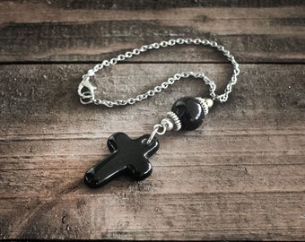 Cross Car Rearview Mirror Charm Accessories with Black Ceramic Bead, Unisex Gift