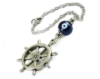Ships Wheel Car Rearview Mirror charm Ornament, Evil Eye Car Mirror Hanging, Blue Ceramic Eye Bead, Car Decoration, Accessories