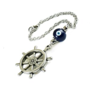 Ships Wheel Car Rearview Mirror charm Ornament, Evil Eye Car Mirror Hanging, Blue Ceramic Eye Bead, Car Decoration, Accessories