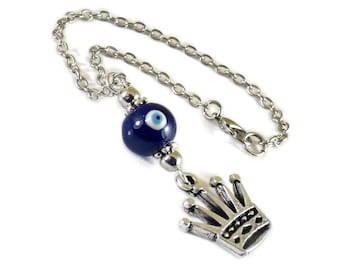 Evil Eye Car Mirror Hanger, Rearview Mirror Charm, Ornament, Blue Ceramic Eye Bead, Metal Crown Charm, Decoration, Eye hanging, Accessories